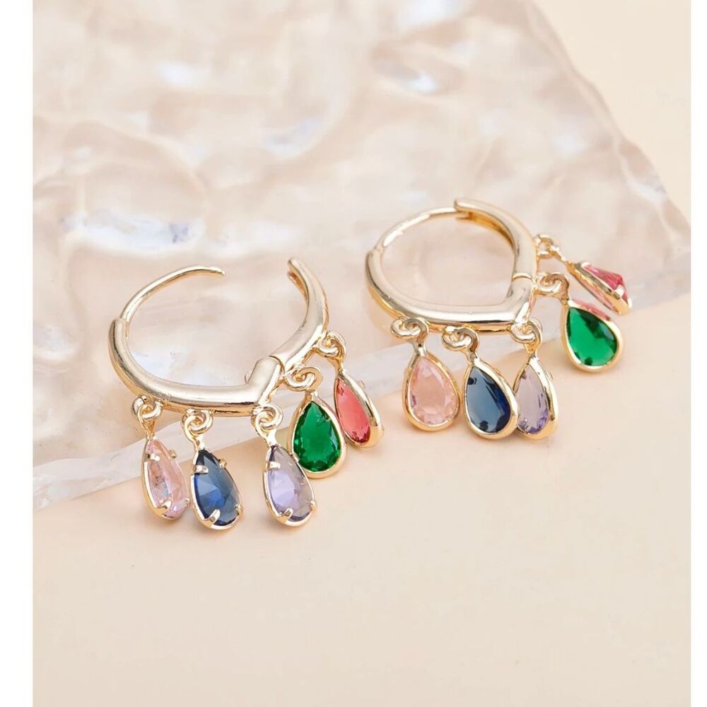 Multi Color Zirconia Crystal Dangle Hoop Earrings Gold Drop Teardrop Gemstone